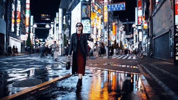 "한 세련된 여성이 네온사인과 간판으로 가득한 도쿄 거리를 걷고 있다. 그녀는 검은색 가죽 재킷, 긴 빨간색 드레스, 검은색 부츠를 신고 검은색 지갑을 들고 있으며, 선글라스를 쓰고 빨간 립스틱을 바르고 있다. 그녀는 자신감 있고 자연스럽게 걷는다. 길은 축축하고 반사된 화려한 조명이 거울 효과를 만들어 내며, 많은 보행자가 걸어다니고 있다." 이 같은 프롬프트를 '소라'에 입력해 생성한 동영상 일부. /영상=오픈AI 블로그